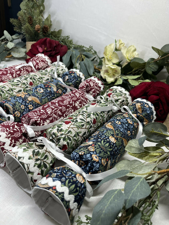 6 William Morris Luxury Reusable Fabric Christmas Crackers - Strawberry Thief and the V&A Collection