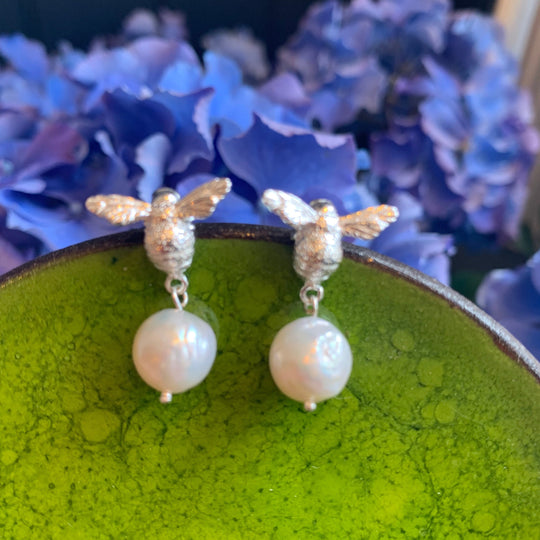 Sterling Silver Bee with Baroque Pearl Earrings