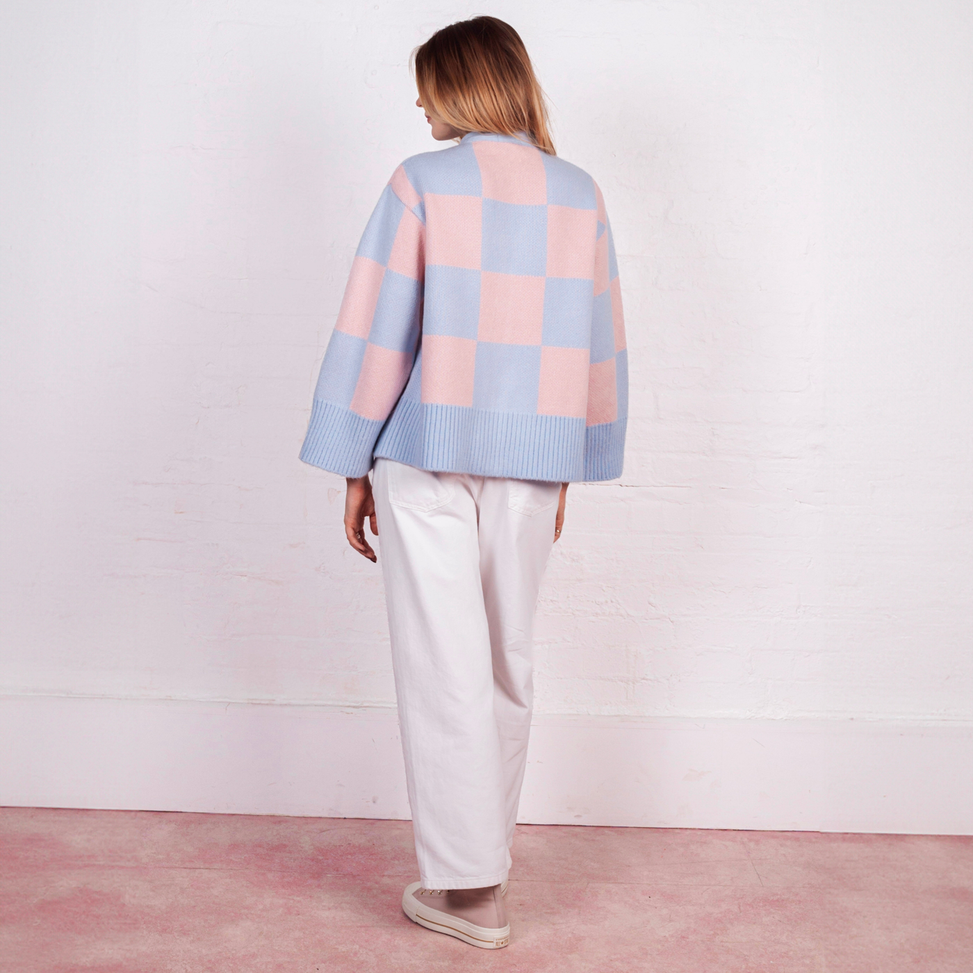 Candice Checked Wide Sleeve Cardigan - Pink & Blue