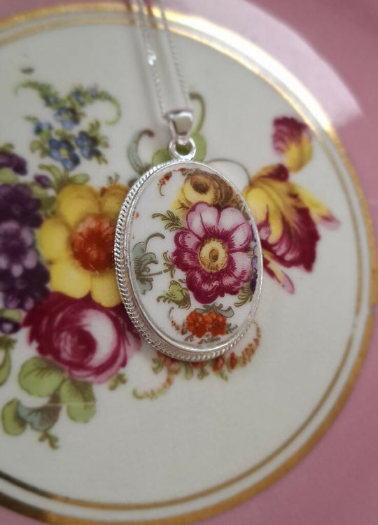 Floral Broken china silver pendant