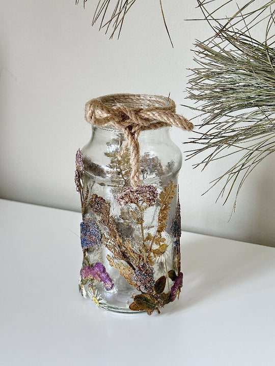 Tall Elegant Wildflower Themed Pressed Flower Glass jar Cottage Core Style