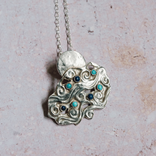 Silver Wave Necklace with Turquoise & Lapis Gemstones