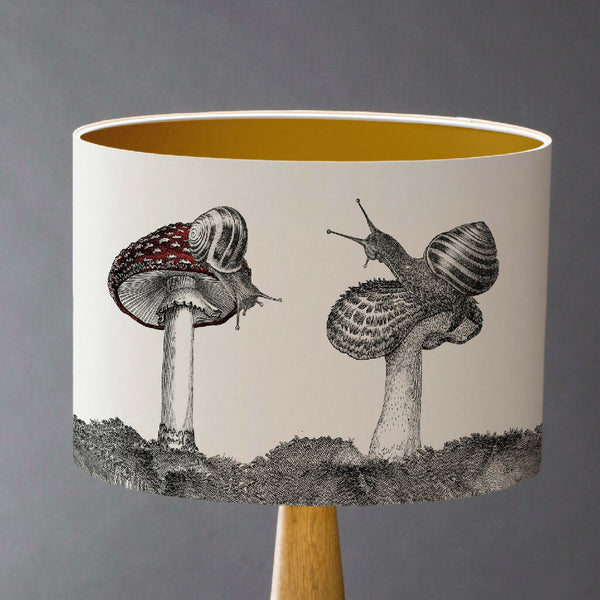Writing      Handmade monochrome woodland lampshade featuring vintage snail illustrations among mushrooms and toadstools, perfect for country cottage interiors.