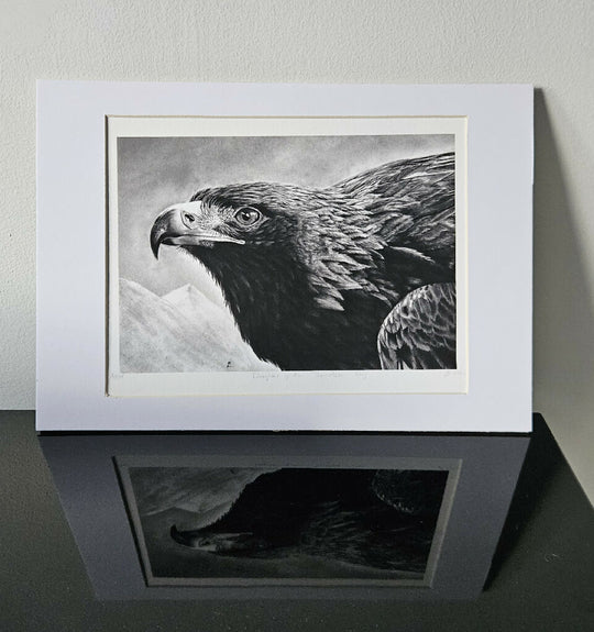 Daughter of the Boundless Sky - mounted golden eagle art print, A4 size with mount, black and white