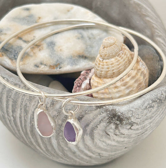 Aqua blue green seaglass silver stacking bangle