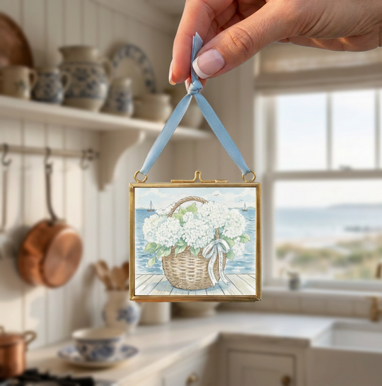 Nantucket Basket Watercolor Print Hydrangea Artwork Mini Brass Frame Coastal Wall Art