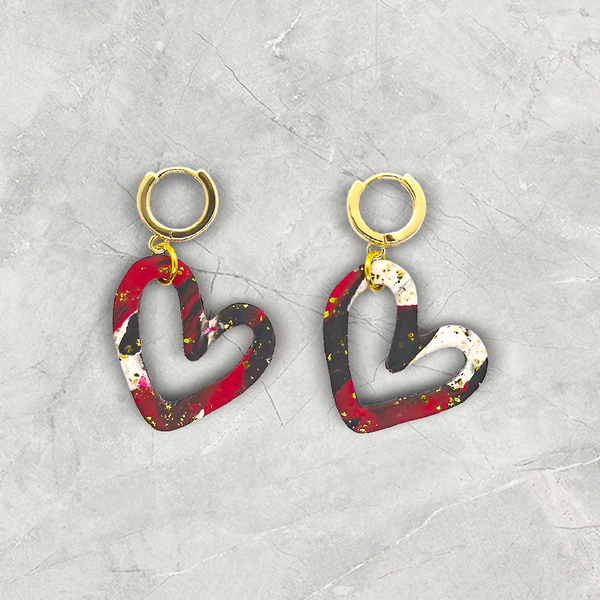 Heart Huggie Earrings | Sarah | Marbled Red