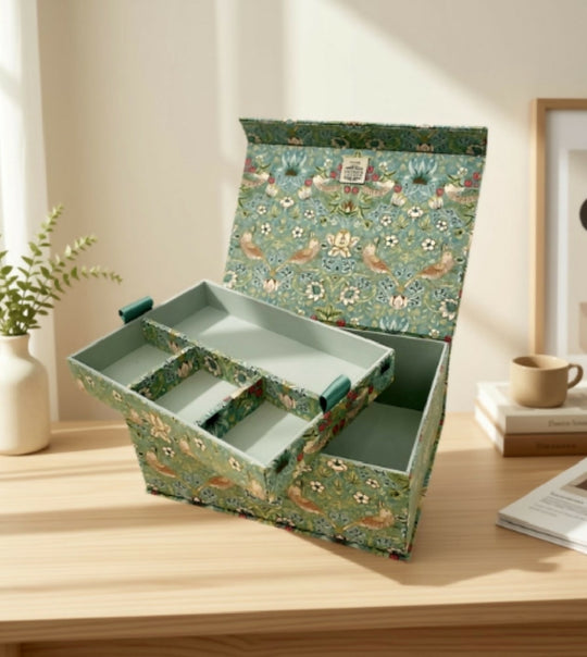 Handmade Strawberry Thief Green Box | William Morris Fabric Jewellery/ Sewing Organiser with Removable Tray