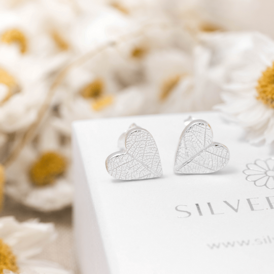 Silver Leaf Print Heart Earrings
