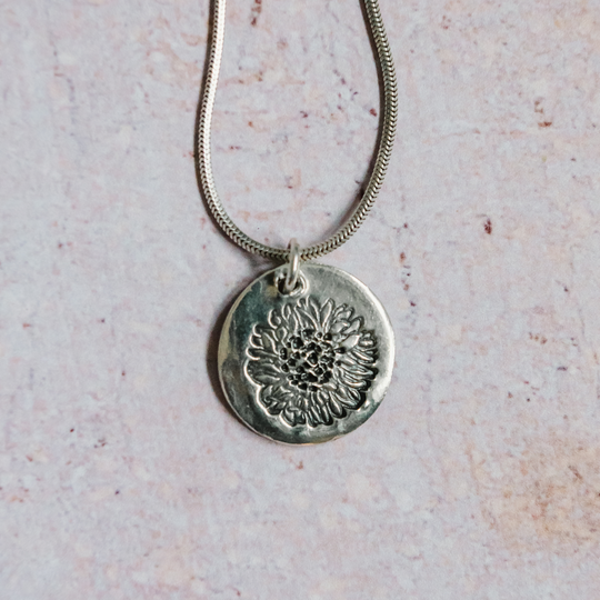 Silver Sunflower Disc Necklace