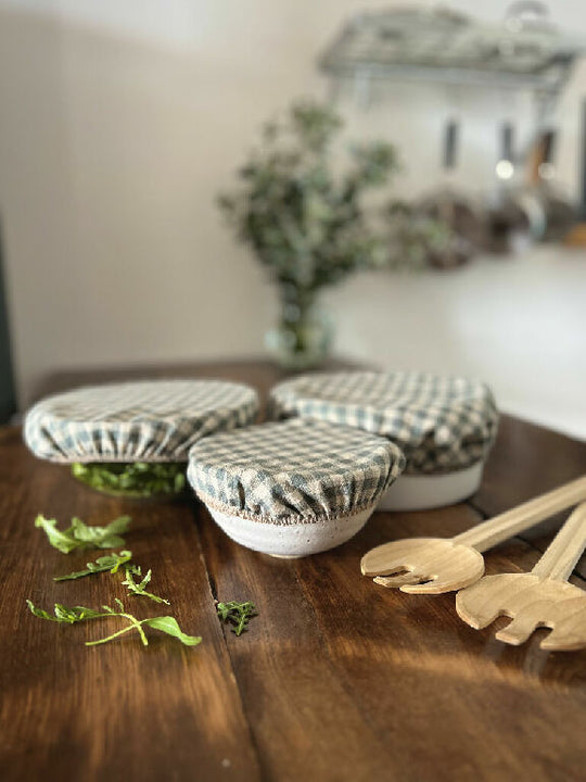 Sea Green Check Linen Bowl Covers Set