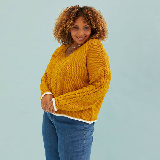 Emma V Neck Cable Jumper - Mustard
