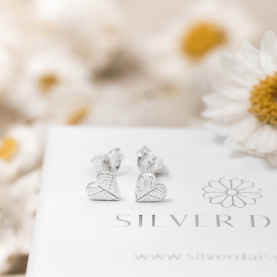 Mini Silver Leaf Print Heart Ear Studs
