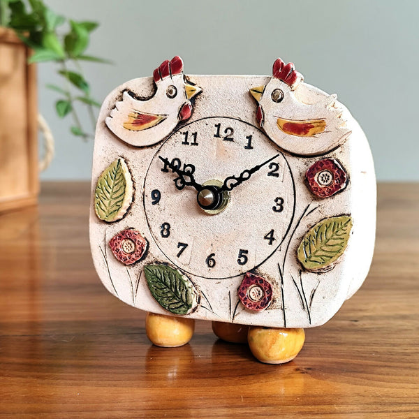 Small Mantel Clock With Chickens, Leaves, Flowers
