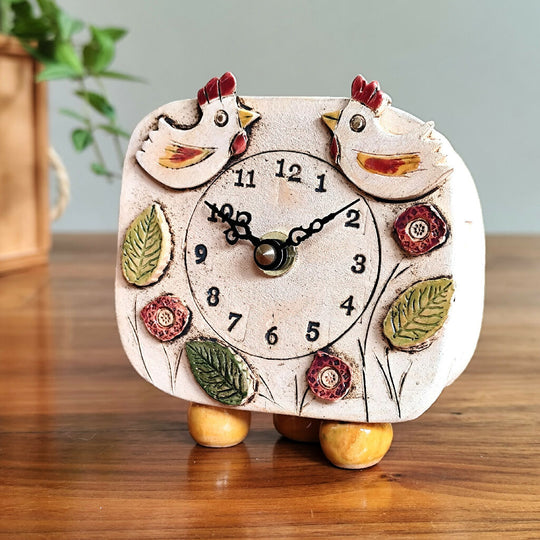 Small Mantel Clock With Chickens, Leaves, Flowers