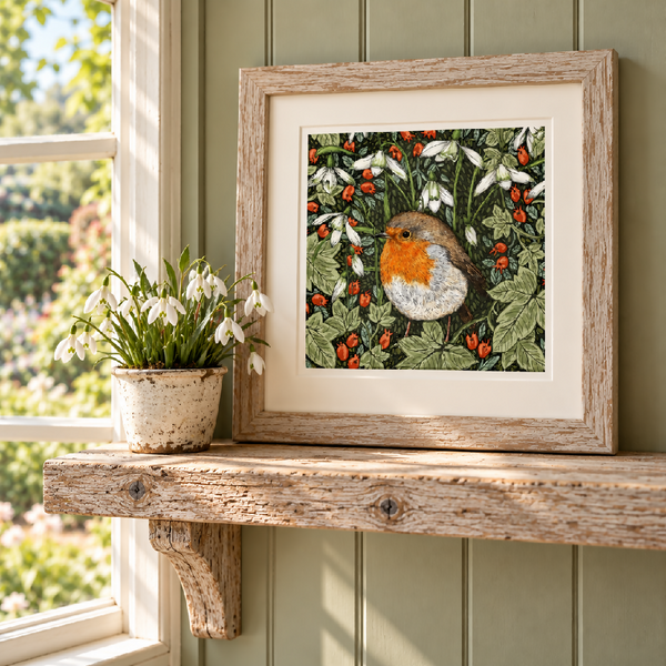 Robin and Snowdrop Signed and Mounted Giclée Art Print