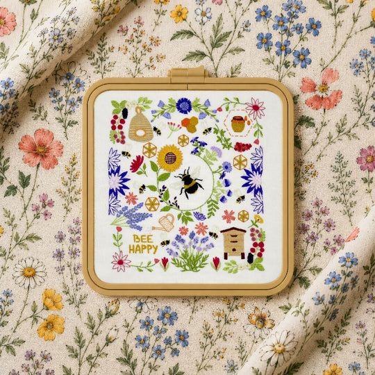 Bees and Blossoms Hand Embroidery Kit with Pre Printed Fabric and Colour Pattern