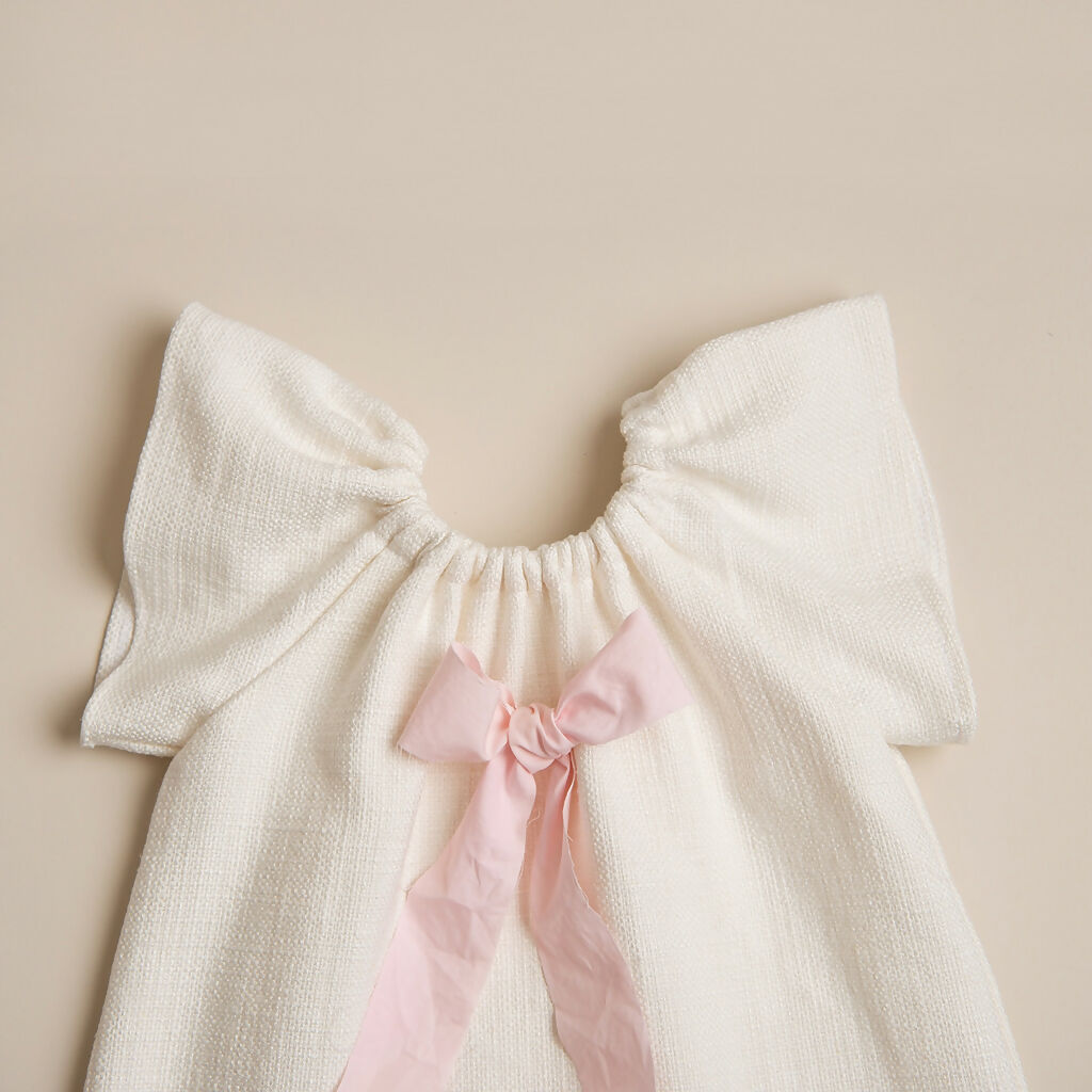 Organic Linen Girls Dress with Pink Ribbon