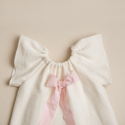 Organic Linen Girls Dress with Pink Ribbon