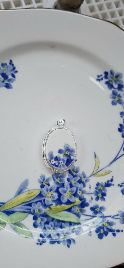 Forget me not broken china with crest silver pendant