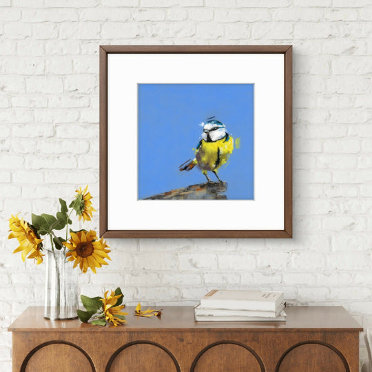 The Small Observer Blue tit Giclee Fine Art Print with Bright Blue Background