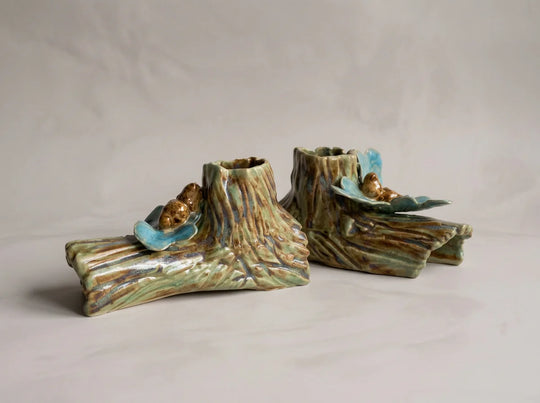Handmade Oak Woodland Ceramic Candlestick Holders