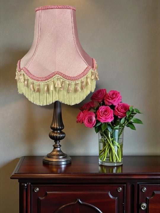 Traditional rose pink fabric lampshades with light pink tassels - Available in 8 sizes