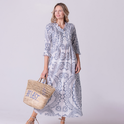 Cotton Annabel Maxi Dress in Grey & White Ikat