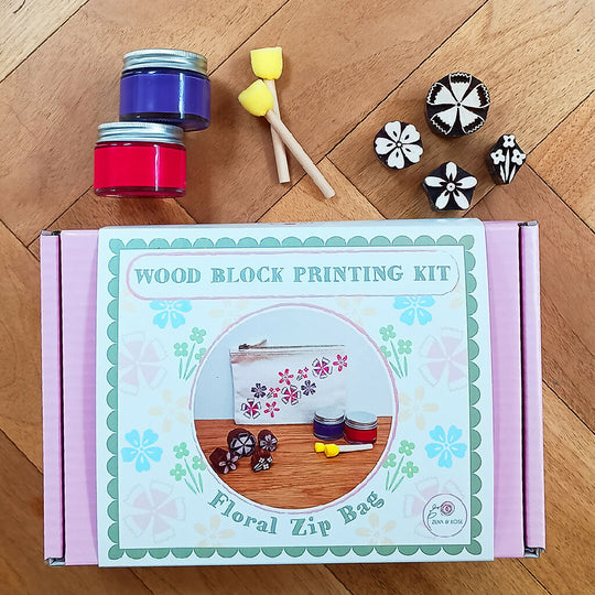 Floral zip bag wood block printing kit