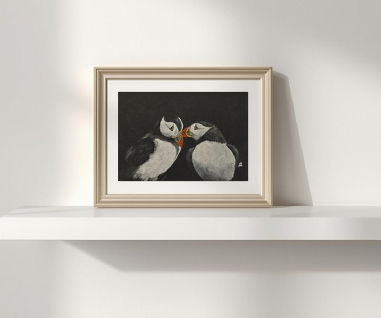 Puffin Pair Original Artwork 1, mounted in A5 size frame