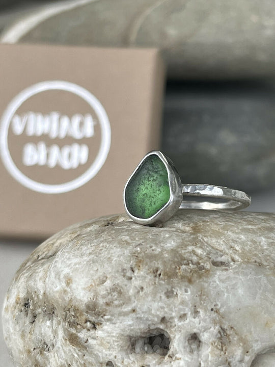 A Sterling silver emerald green sea glass ring