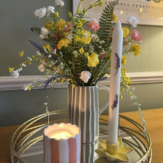July Birth Flower Candle - Hand Painted Purple Larkspur Candle with Gold Coloured Metal Holder