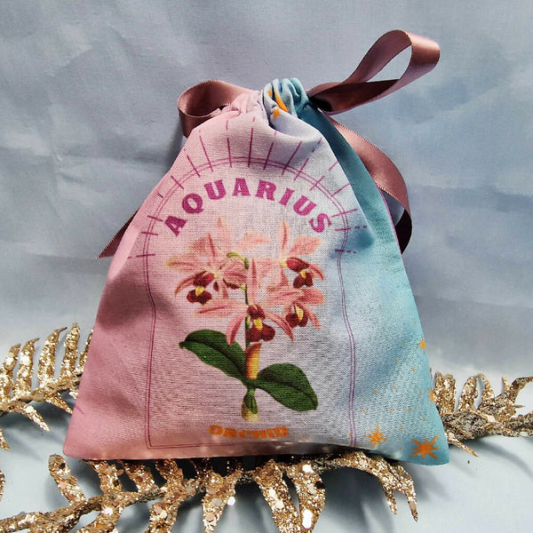 Aquarius Orchid Birth Flower Gift Pouch in Pink and Blue