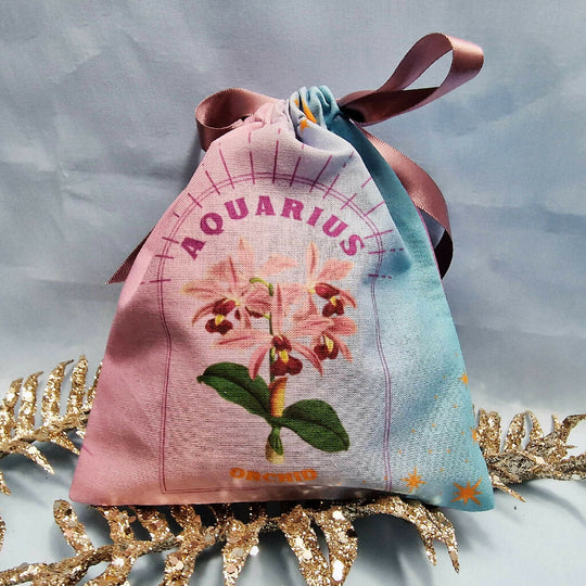 Aquarius Orchid Birth Flower Gift Pouch in Pink and Blue