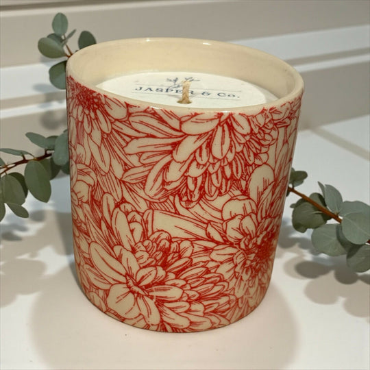 Red Chrysanthemum Stoneware Essential Oil Candle