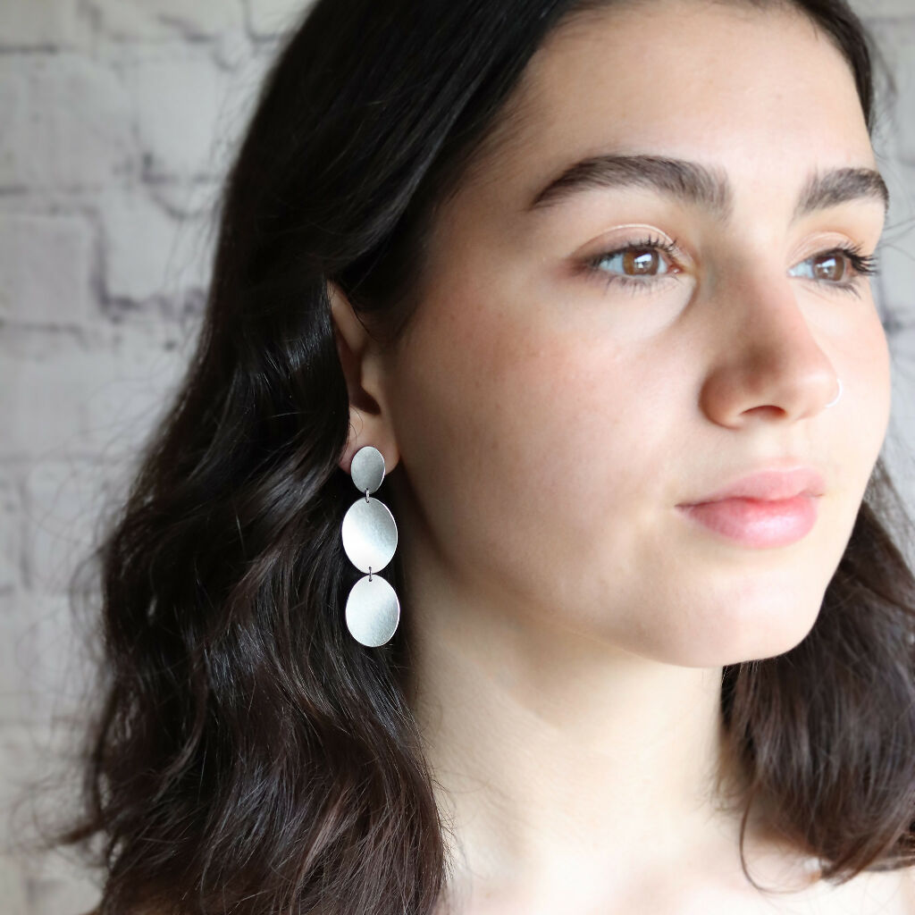 Large Long Silver Petal Stud Earrings