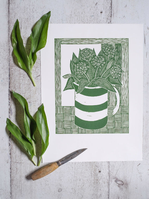 Wild Garlic in Cornishware Jug Limited Edition Lino Print