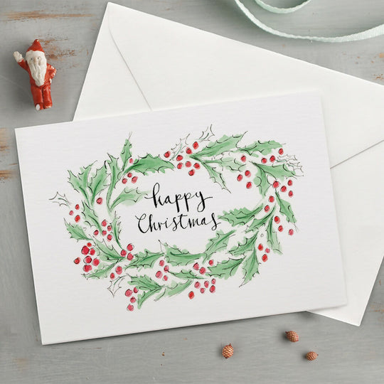 'Happy Christmas' Holly Wreath Christmas Card