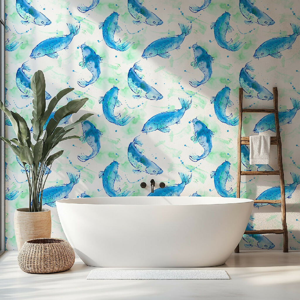 blue fish wallpaper in bathroom