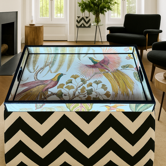 Kew Noir Ottoman Tray – Bird of Paradise with Black Painted Trim