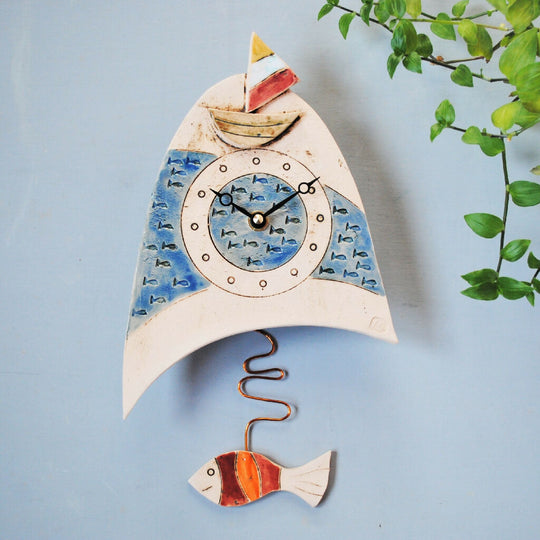 Sailing Boat and Fish Ceramic Wall Clock with Pendulum