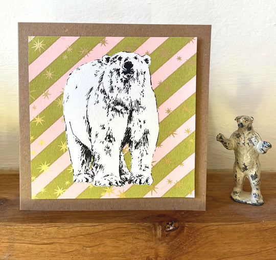 Bear with Candy Stripes, Hand Screenprinted Christmas Card