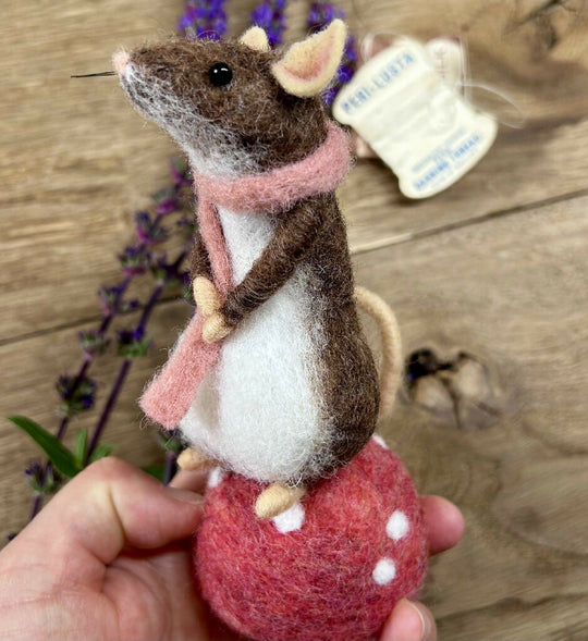 Felt Woodland Mouse on Mushroom Pincushion – Luxury Craft & Sewing Gift