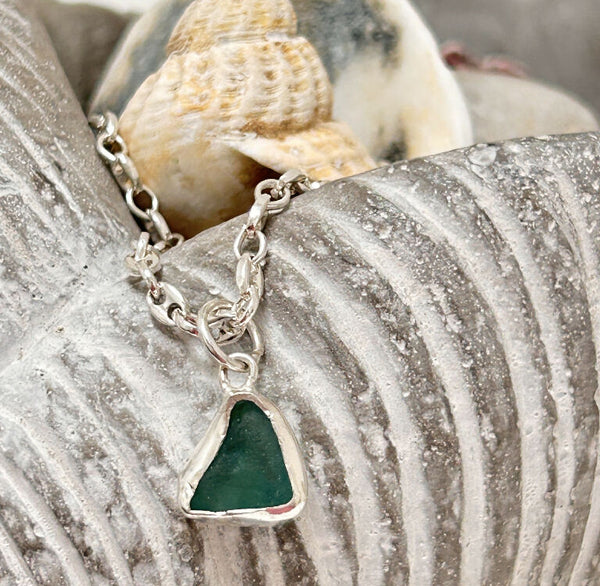 Seaglass Turquoise Green Silver mariners chain bracelet