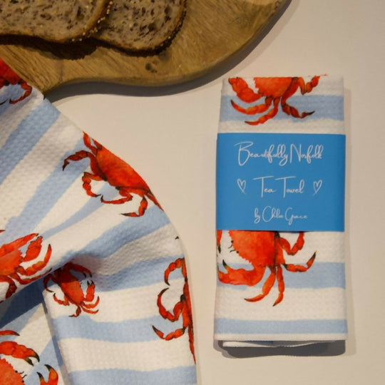 Crab and Blue Stripe Tea Towel - Coastal Collection