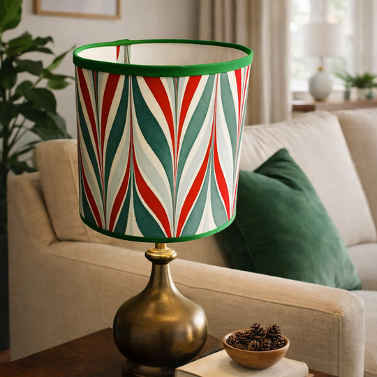 Marbled Paper Lampshade | Red & Green with Green Trim