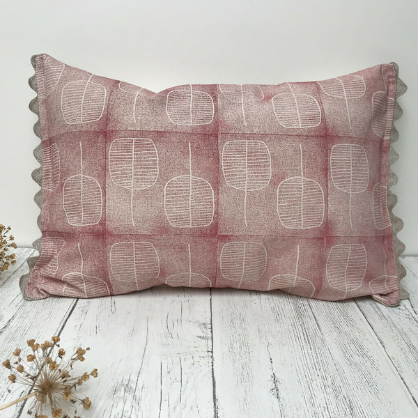 HAND PRINTED ORGANIC COTTON CUSHION - ROSE PINK FOLKI