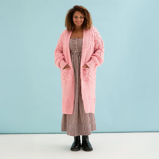 Alex Balloon Sleeve Chunky Oversized Cable Maxi Cardigan - Pink