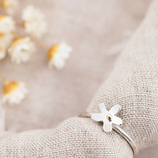 Handcrafted Mini Silver Daisy Ring with 9ct Gold Detail