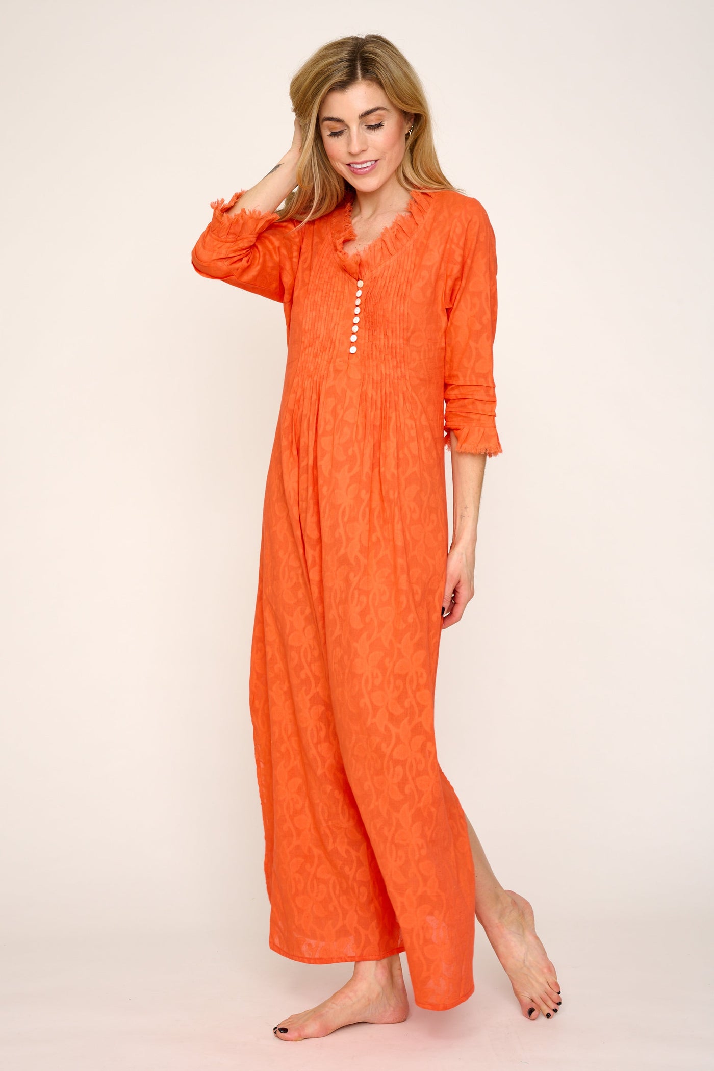 Cotton Annabel Maxi Dress in Hand Woven Hot Orange